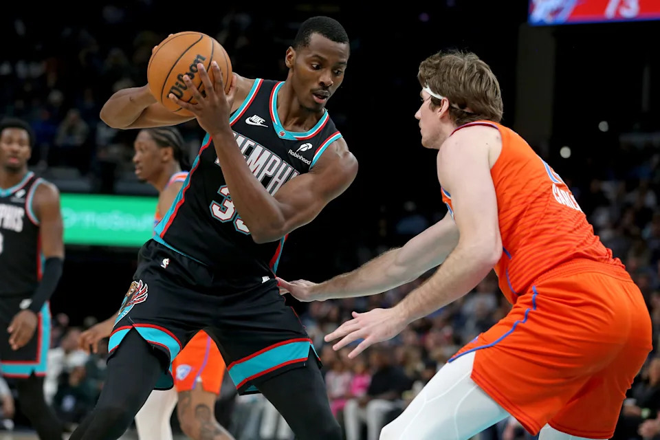 Jan 9, 2026; Memphis, Tennessee, USA; Memphis Grizzlies center Christian Koloko (35) handles the ball as Oklahoma City Thunder center Branden Carlson (15) defends during the third quarter at FedExForum. Mandatory Credit: Petre Thomas-Imagn Images
