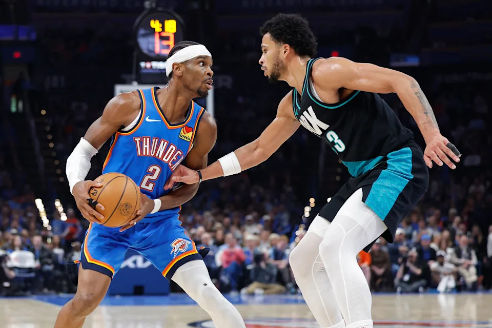 Dec 31, 2025; Oklahoma City, Oklahoma, USA; Oklahoma City Thunder guard Shai Gilgeous-Alexander (2) drives against Portland Trail Blazers forward Toumani Camara (33) during the second half at Paycom Center. Mandatory Credit: Alonzo Adams-Imagn Images