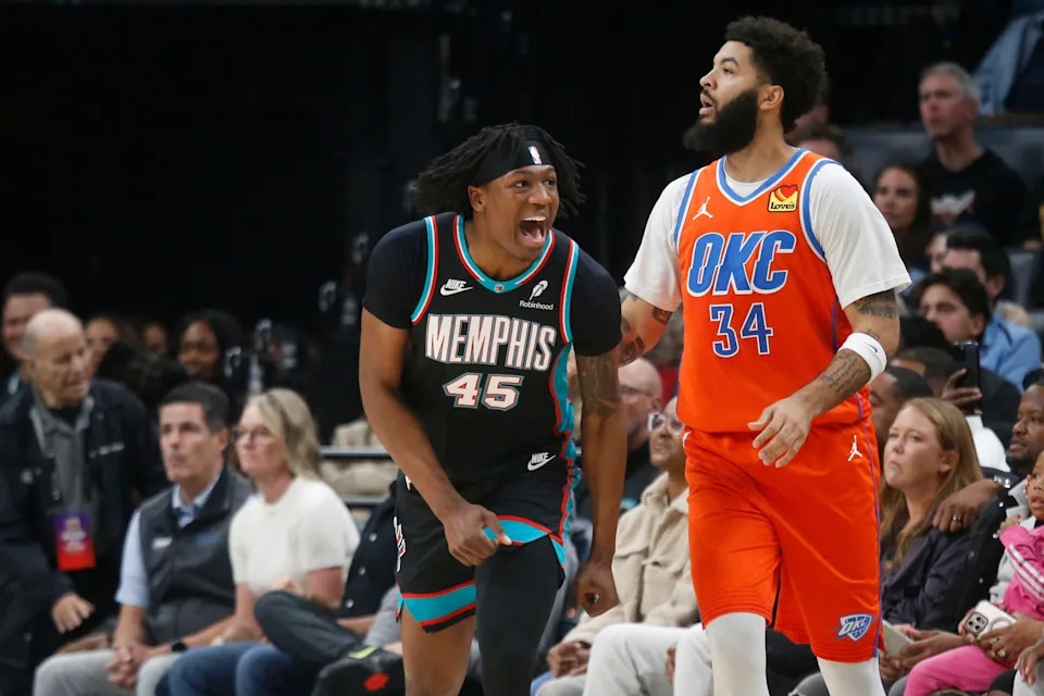 Jan 9, 2026; Memphis, Tennessee, USA; Memphis Grizzlies forward GG Jackson II (45) reacts during the second quarter against the Oklahoma City Thunder at FedExForum. Mandatory Credit: Petre Thomas-Imagn Images