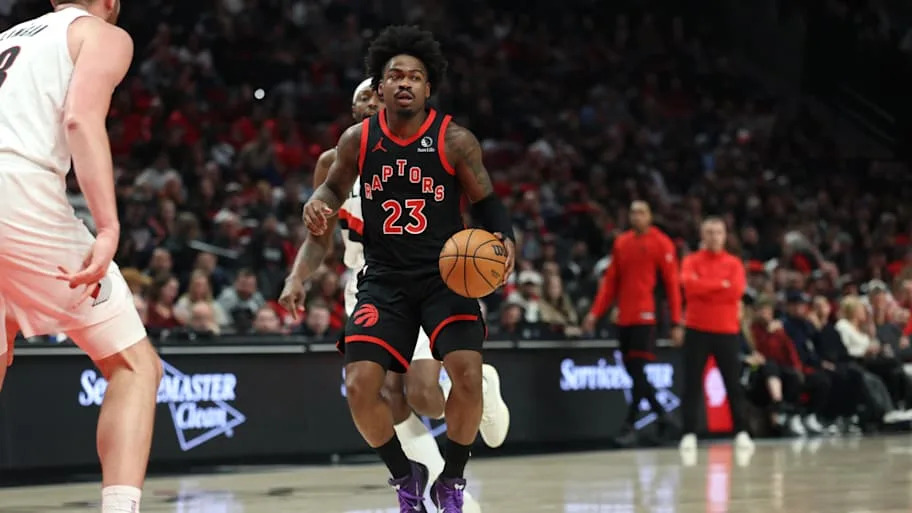 Toronto Raptors guard Jamal Shead looks to pass the ball against the Portland Trail Blazers