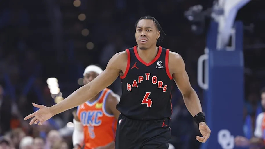 Toronto Raptors forward/guard Scottie Barnes reacts after a play against the Oklahoma City Thunder