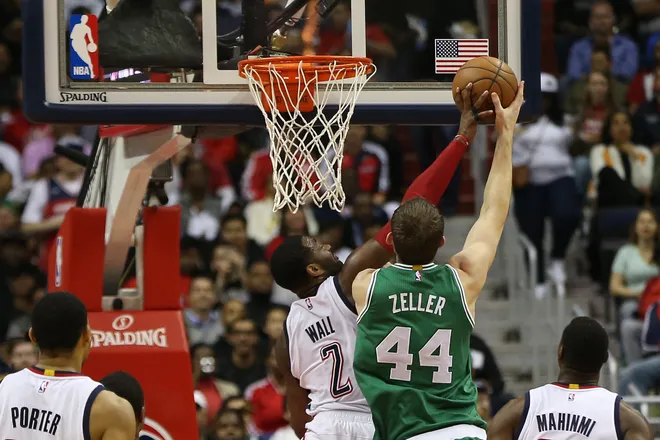 May 4, 2017; Washington, DC, USA; Washington Wizards guard John Wall (2) blocks the shot of Boston Celtics center Tyler Zeller (44) in the third quarter in game three of the second round of the 2017 NBA Playoffs at Verizon Center. The Wizards won 116-89. Mandatory Credit: Geoff Burke-USA TODAY Sports