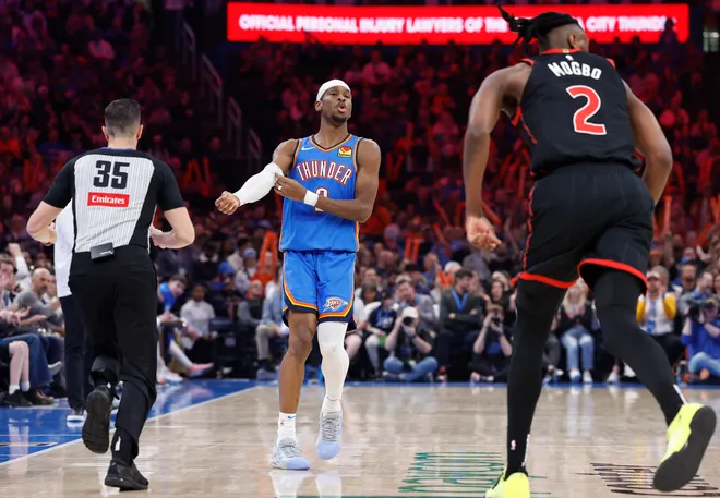 Feb 7, 2025; Oklahoma City, Oklahoma, USA; Oklahoma City Thunder guard Shai Gilgeous-Alexander (2) reacts after a basket against the Toronto Raptors during the second quarter at Paycom Center. Mandatory Credit: Alonzo Adams-Imagn Images