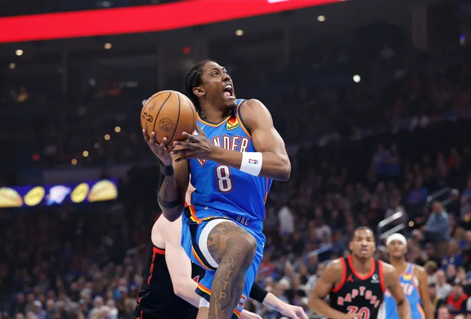 Feb 7, 2025; Oklahoma City, Oklahoma, USA; Oklahoma City Thunder forward Jalen Williams (8) goes up for a basket against the Toronto Raptors during the first quarter at Paycom Center. Mandatory Credit: Alonzo Adams-Imagn Images