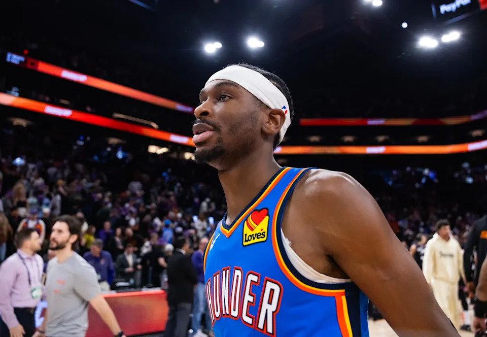 Jan 4, 2026; Phoenix, Arizona, USA; Oklahoma City Thunder guard Shai Gilgeous-Alexander (2) walks off the court after losing to the Phoenix Suns at Mortgage Matchup Center. Mandatory Credit: Mark J. Rebilas-Imagn Images