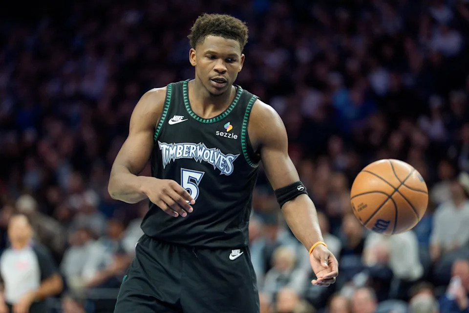 Jan 29, 2026; Minneapolis, Minnesota, USA; Minnesota Timberwolves guard Anthony Edwards (5) receives the inbound pass agains the Oklahoma City Thunder in the third quarter at Target Center. Mandatory Credit: Matt Blewett-Imagn Images
