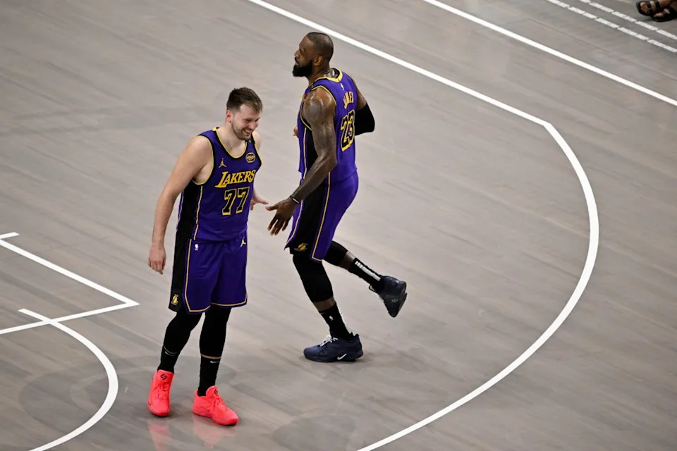 Los Angeles Lakers guard Luka Dončić and forward LeBron James. Jerome Miron-Imagn Images