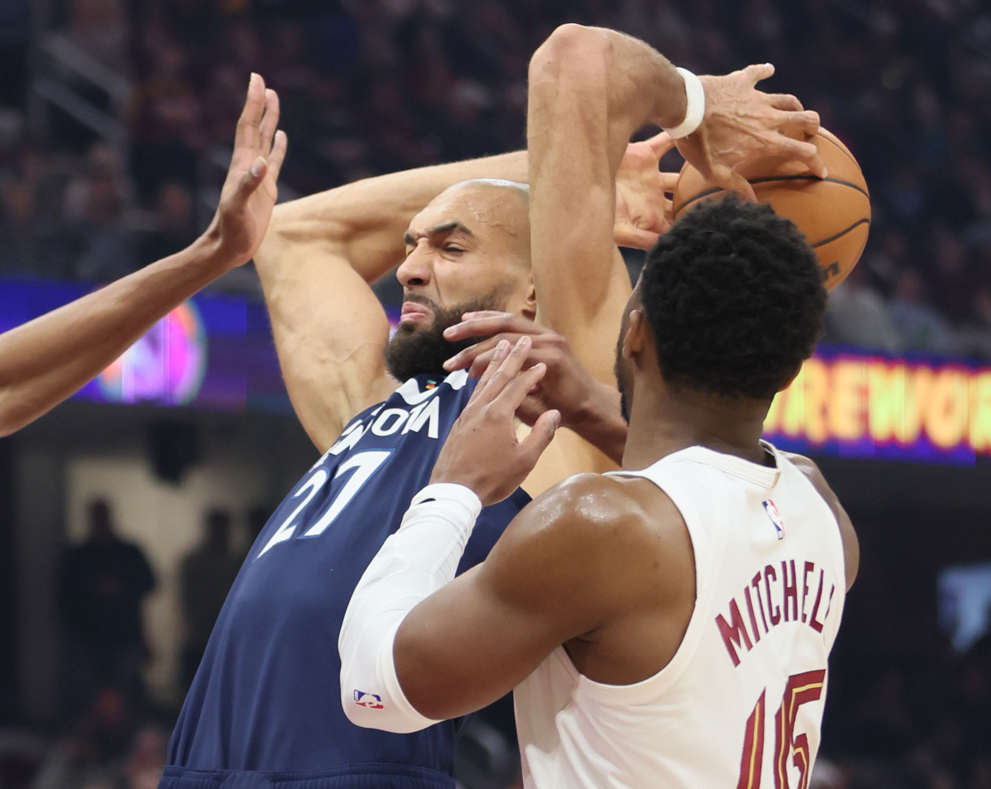 Minnesota Timberwolves center Rudy Gobert loses control of the basketball knocked free by Cleveland Cavaliers guard Donovan Mitchell in the first half at Rocket Arena. 