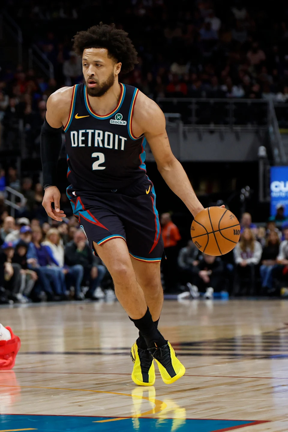 Detroit Pistons guard Cade Cunningham (2) dribbles in the first half against the Indiana Pacers at Little Caesars Arena in Detroit on Saturday, Jan. 17, 2026.
