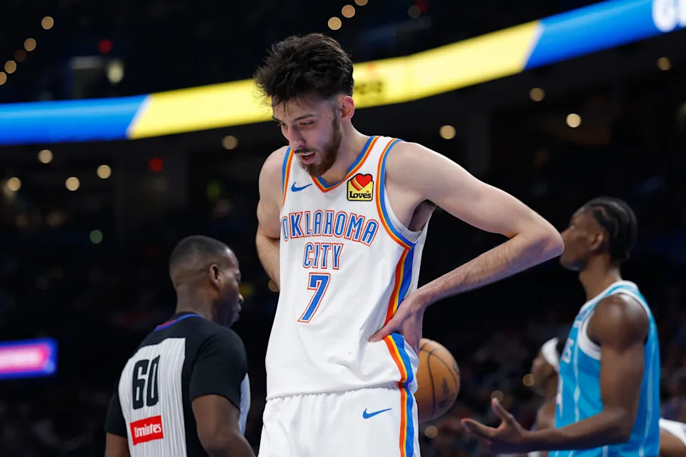 Jan 5, 2026; Oklahoma City, Oklahoma, USA; Oklahoma City Thunder center Chet Holmgren (7) reacts after a play against the Charlotte Hornets during the second half at Paycom Center. Mandatory Credit: Alonzo Adams-Imagn Images