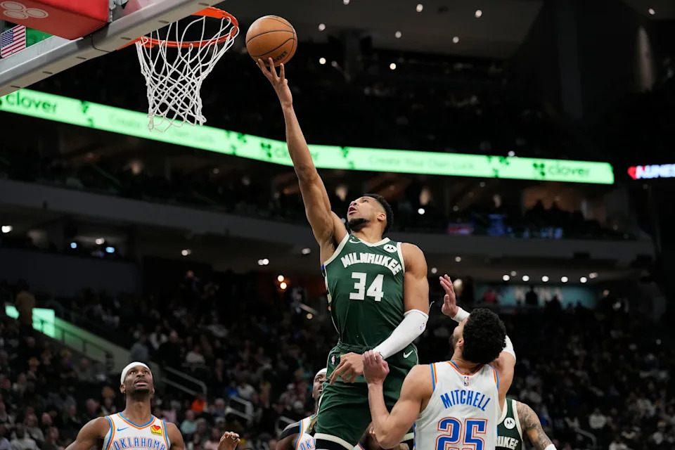 MILWAUKEE, WISCONSIN - JANUARY 21: Giannis Antetokounmpo #34 of the Milwaukee Bucks lays up a shot against the Oklahoma City Thunder during the third quarter at Fiserv Forum on January 21, 2026 in Milwaukee, Wisconsin. NOTE TO USER: User expressly acknowledges and agrees that, by downloading and or using this photograph, User is consenting to the terms and conditions of the Getty Images License Agreement. (Photo by Patrick McDermott/Getty Images)
