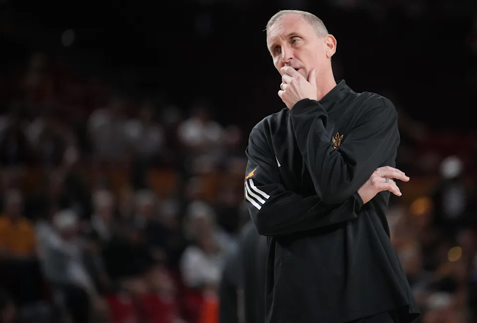 ASU Sun Devils head coach Bobby Hurley reacts on the sidelines as they play the Oregon State Beavers at Desert Financial Arena in Tempe on Dec. 21, 2025.