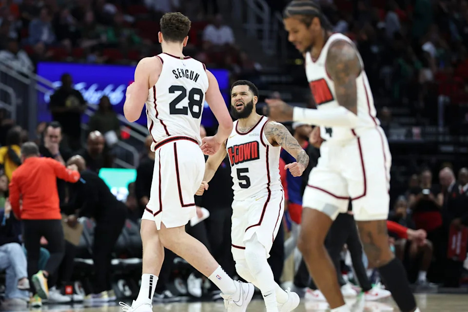 Mar 17, 2025; Houston, Texas, USA; Houston Rockets guard Fred VanVleet (5) reacts towards center Alperen Sengun (28) after a play during the third quarter against the Philadelphia 76ers at Toyota Center. Mandatory Credit: Troy Taormina-Imagn Images