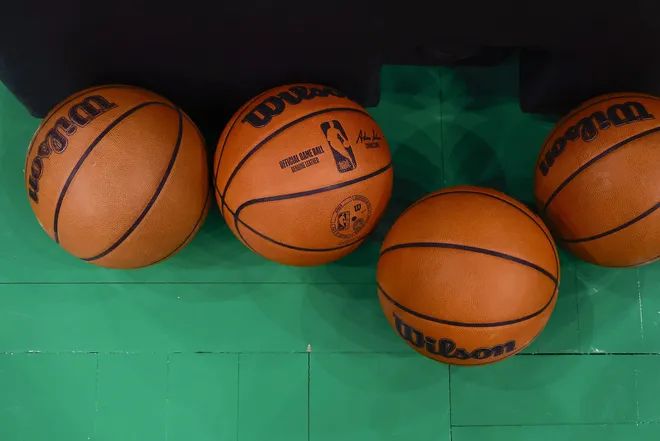 Mar 5, 2025; Boston, Massachusetts, USA; Wilson NBA game balls are seen on the court before the game between the Boston Celtics and the Portland Trail Blazers at TD Garden. Mandatory Credit: Winslow Townson-Imagn Images