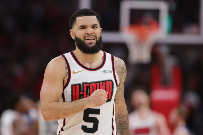 HOUSTON, TEXAS - DECEMBER 27: Fred VanVleet #5 of the Houston Rockets reacts against the Minnesota Timberwolves during the second half at Toyota Center on December 27, 2024 in Houston, Texas. NOTE TO USER: User expressly acknowledges and agrees that, by downloading and or using this photograph, User is consenting to the terms and conditions of the Getty Images License Agreement. (Photo by Alex Slitz/Getty Images)