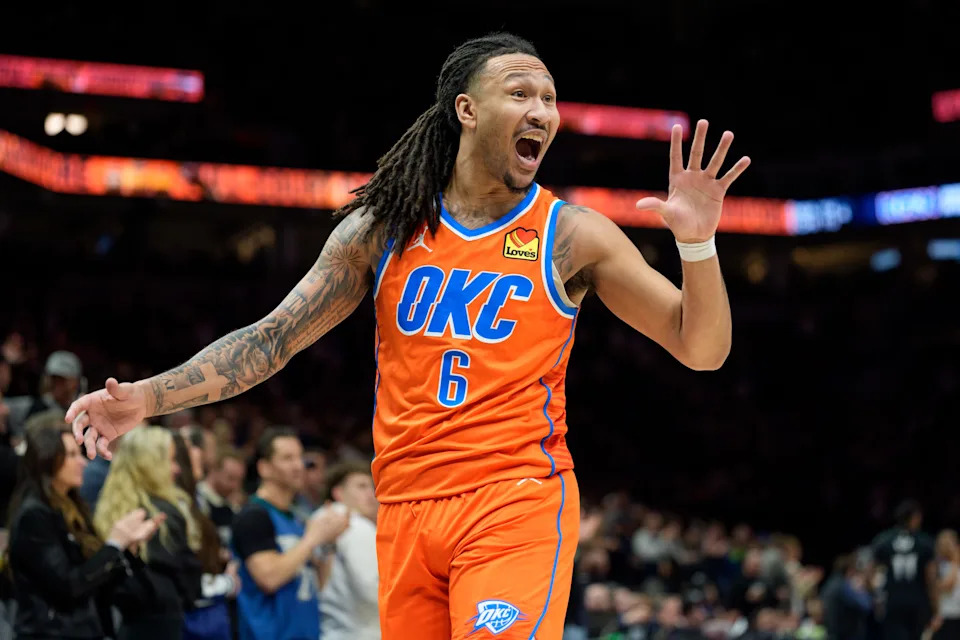 Jan 29, 2026; Minneapolis, Minnesota, USA; Oklahoma City Thunder forward Jaylin Williams (6) gestures to the referee in the second quarter against the Minnesota Timberwolves at Target Center. Mandatory Credit: Matt Blewett-Imagn Images