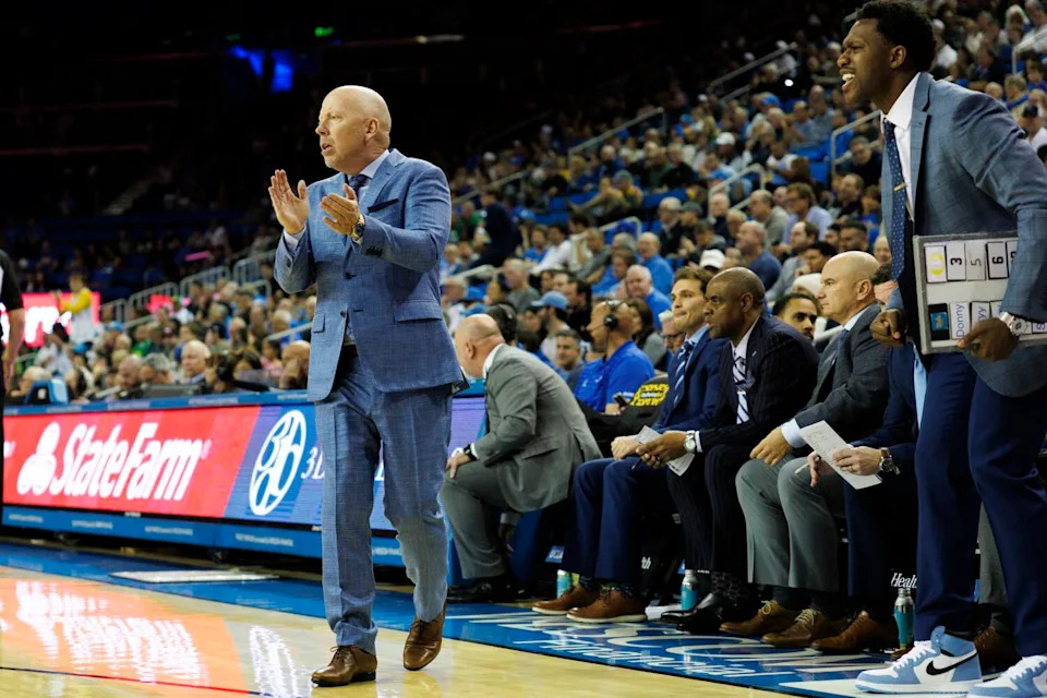 UCLA coach Mick Cronin cheers on his team against Oregon at Pauley Pavilion on Dec. 6.