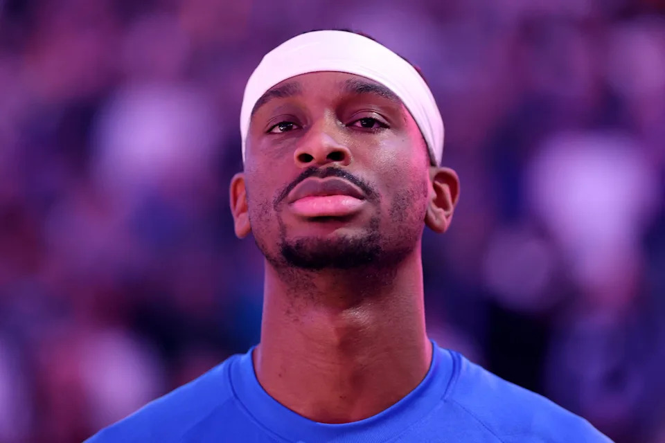 SAN FRANCISCO, CALIFORNIA - JANUARY 02: Shai Gilgeous-Alexander #2 of the Oklahoma City Thunder stands for the national anthem before their game against the Golden State Warriors at Chase Center on January 02, 2026 in San Francisco, California. NOTE TO USER: User expressly acknowledges and agrees that, by downloading and/or using this photograph, user is consenting to the terms and conditions of the Getty Images License Agreement. (Photo by Ezra Shaw/Getty Images)