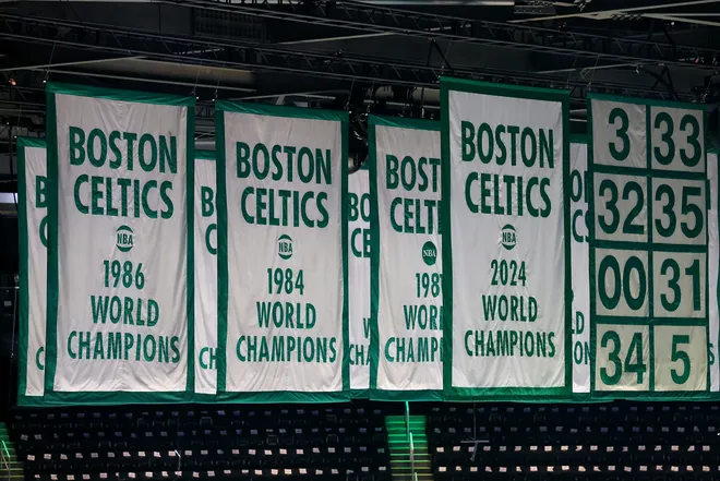 BOSTON, MASSACHUSETTS - APRIL 20: A general view of the Celtics Championship Banners ahead of Game One of the Eastern Conference First Round NBA Playoffs between the Orlando Magic and the Boston Celtics at TD Garden on April 20, 2025 in Boston, Massachusetts. NOTE TO USER: User expressly acknowledges and agrees that, by downloading and or using this photograph, User is consenting to the terms and conditions of the Getty Images License Agreement. (Photo by Maddie Meyer/Getty Images)