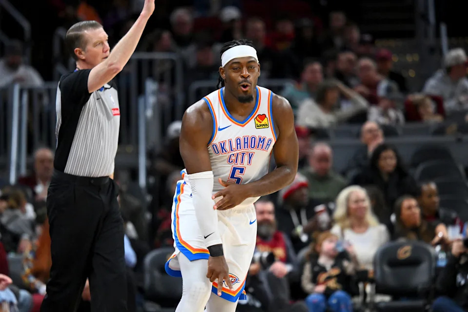 CLEVELAND, OHIO - JANUARY 19: Guard Luguentz Dort #5 of the Oklahoma City Thunder celebrates during the fourth quarter against the Cleveland Cavaliers at Rocket Arena on January 19, 2026 in Cleveland, Ohio. The Thunder defeated the Cavaliers 136-104. NOTE TO USER: User expressly acknowledges and agrees that, by downloading and or using this photograph, User is consenting to the terms and conditions of the Getty Images License Agreement. (Photo by Jason Miller/Getty Images)