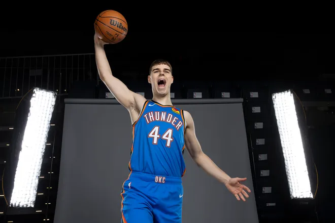 Sep 29, 2025; Oklahoma City, OK, USA; Oklahoma City Thunder guard Nikola Topic poses for a photo during the 2025 Oklahoma City Thunder media day at Paycom Center. Mandatory Credit: Alonzo Adams-Imagn Images