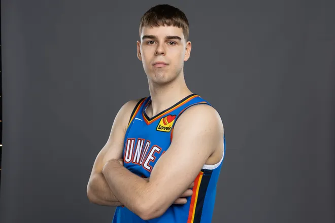 Sep 29, 2025; Oklahoma City, OK, USA; Oklahoma City Thunder guard Nikola Topic poses for a photo during the 2025 Oklahoma City Thunder media day at Paycom Center. Mandatory Credit: Alonzo Adams-Imagn Images