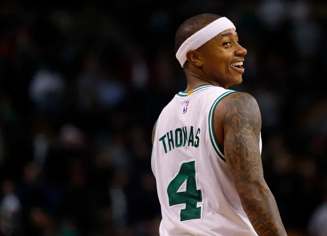 Dec 30, 2016; Boston, MA, USA; Boston Celtics guard Isaiah Thomas (4) smiles during the second half against the Miami Heat at TD Garden. Mandatory Credit: Winslow Townson-USA TODAY Sports