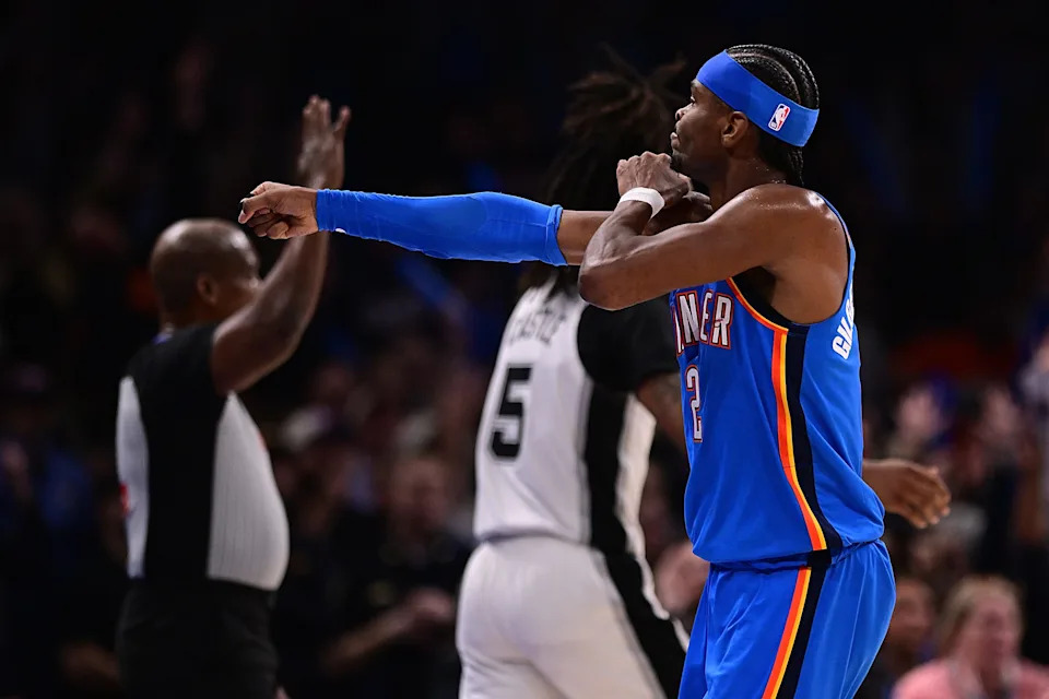 OKLAHOMA CITY, OKLAHOMA - JANUARY 13: Shai Gilgeous-Alexander #2 of the Oklahoma City Thunder reacts after a made basket during the second half against the San Antonio Spurs at Paycom Center on January 13, 2026 in Oklahoma City, Oklahoma. NOTE TO USER: User expressly acknowledges and agrees that, by downloading and or using this photograph, User is consenting to the terms and conditions of the Getty Images License Agreement. (Photo by Joshua Gateley/Getty Images)
