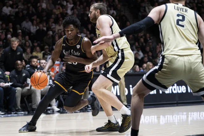 Dec 29, 2025; West Lafayette, Indiana, USA; Kent State Golden Flashes forward Delrecco Gillespie (23) dribbles the ball during the first half against the Purdue Boilermakers at Mackey Arena.
