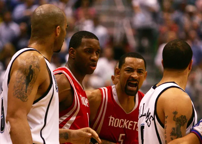 SALT LAKE CITY - MAY 03: Juwan Howard #5 of the Houston Rockets argues a technical foul call in the game against the Utah Jazz in the second quarter during Game Six of the Western Conference Quarterfinals during the 2007 NBA Playoffs at the EnergySolutions Arena on May 3, 2007 in Salt Lake City, Utah. NOTE TO USER: User expressly acknowledges and agrees that, by downloading and or using this photograph, User is consenting to the terms and conditions of the Getty Images License Agreement. (Photo by Harry How/Getty Images)