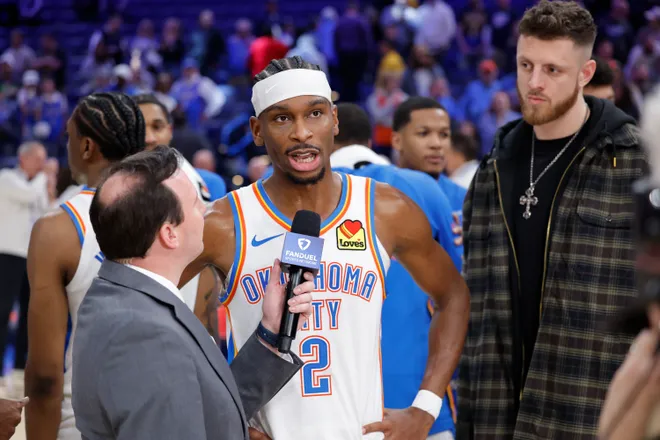 Jan 7, 2026; Oklahoma City, Oklahoma, USA; Oklahoma City Thunder guard Shai Gilgeous-Alexander (2) speaks to the media following their game against the Utah Jazz during the second half at Paycom Center. Mandatory Credit: Alonzo Adams-Imagn Images