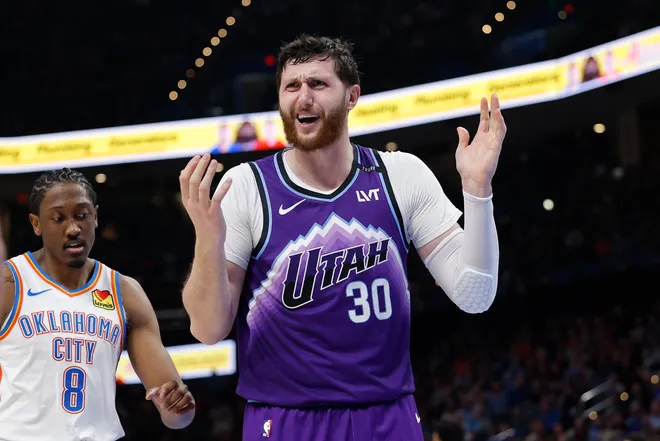 Jan 7, 2026; Oklahoma City, Oklahoma, USA; Utah Jazz center Jusuf Nurkić (30) reacts after a call against him during the second half against the Oklahoma City Thunder at Paycom Center. Mandatory Credit: Alonzo Adams-Imagn Images