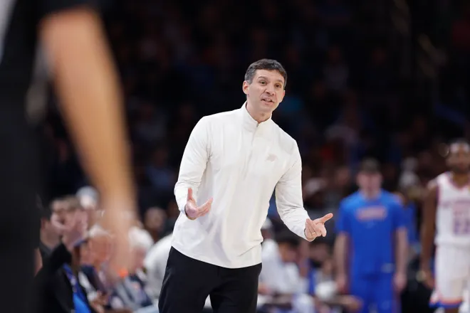Jan 7, 2026; Oklahoma City, Oklahoma, USA; Oklahoma City Thunder Head Coach Mark Daigneault reacts after a play against the Utah Jazz during the second half at Paycom Center. Mandatory Credit: Alonzo Adams-Imagn Images