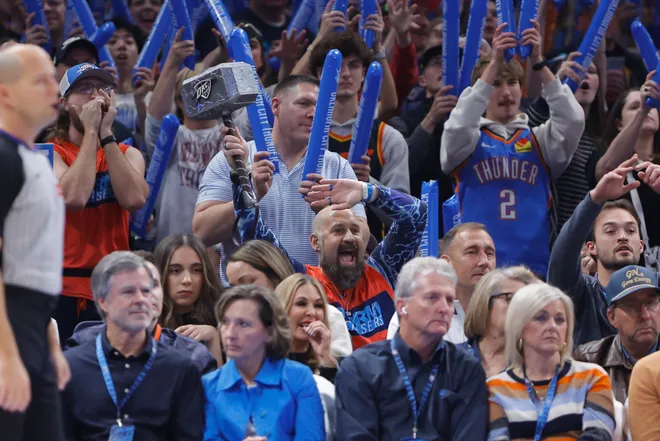 Jan 7, 2026; Oklahoma City, Oklahoma, USA; Oklahoma City Thunder fans cheer for their team against the Utah Jazz during the second quarter at Paycom Center. Mandatory Credit: Alonzo Adams-Imagn Images