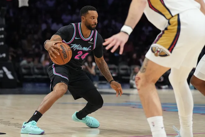 Jan 4, 2026; Miami, Florida, USA; Miami Heat guard Norman Powell (24) drives to the basket against the New Orleans Pelicans during the first half at Kaseya Center.