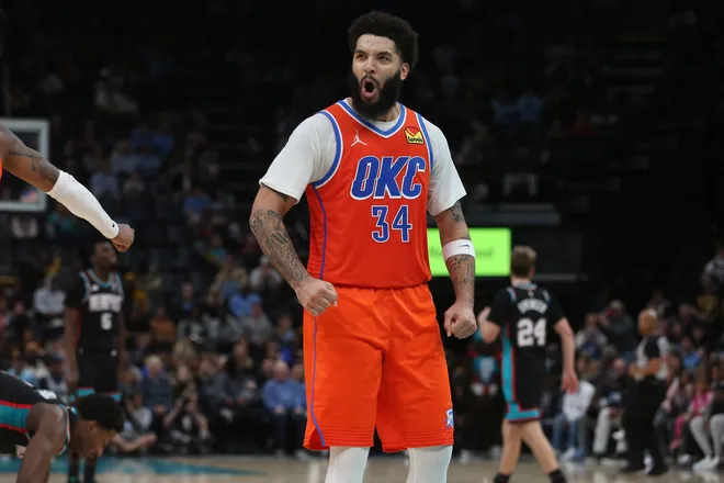 Jan 9, 2026; Memphis, Tennessee, USA; Oklahoma City Thunder guard Kenrich Williams (34) reacts during the fourth quarter against the Memphis Grizzlies at FedExForum. Mandatory Credit: Petre Thomas-Imagn Images