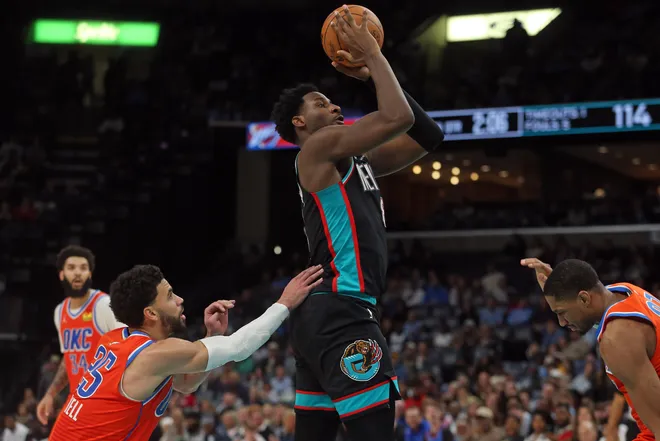 Jan 9, 2026; Memphis, Tennessee, USA; Memphis Grizzlies forward/center Jaren Jackson Jr. (8) shoots during the fourth quarter against the Oklahoma City Thunder at FedExForum. Mandatory Credit: Petre Thomas-Imagn Images