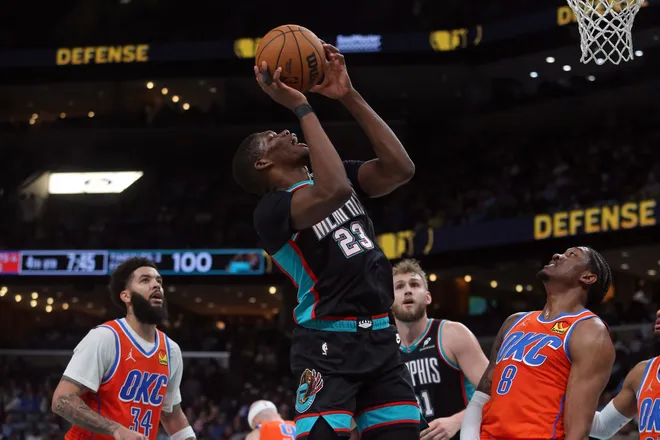 Jan 9, 2026; Memphis, Tennessee, USA; Memphis Grizzlies forward Cedric Coward (23) shoots during the fourth quarter against the Oklahoma City Thunder at FedExForum. Mandatory Credit: Petre Thomas-Imagn Images