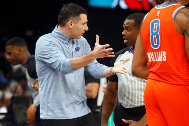 Jan 9, 2026; Memphis, Tennessee, USA; Oklahoma City Thunder head coach Mark Daigneault reacts toward an official during the second quarter against the Memphis Grizzlies at FedExForum. Mandatory Credit: Petre Thomas-Imagn Images