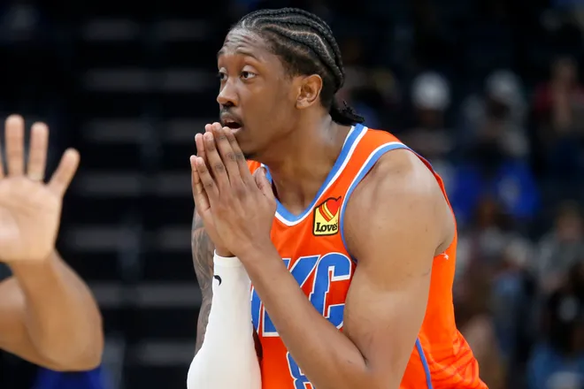 Jan 9, 2026; Memphis, Tennessee, USA; Oklahoma City Thunder guard Jalen Williams (8) reacts during the second quarter against the Memphis Grizzlies at FedExForum. Mandatory Credit: Petre Thomas-Imagn Images