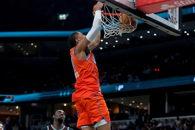 Jan 9, 2026; Memphis, Tennessee, USA; Oklahoma City Thunder guard Aaron Wiggins (21) dunks during the second quarter against the Memphis Grizzlies at FedExForum. Mandatory Credit: Petre Thomas-Imagn Images