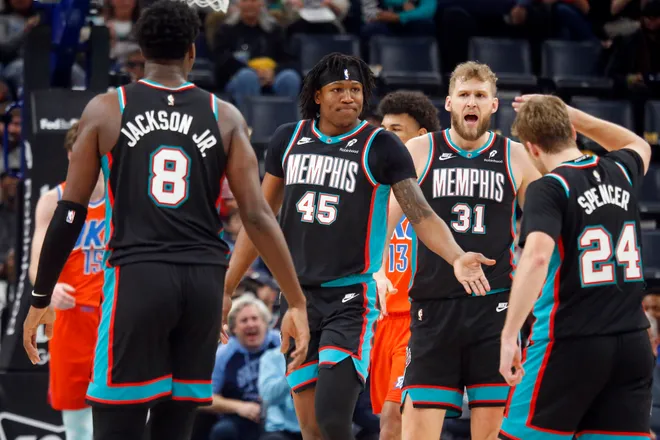 Jan 9, 2026; Memphis, Tennessee, USA; Memphis Grizzlies forward GG Jackson II (45) reacts with teammates during the second quarter against the Oklahoma City Thunder at FedExForum. Mandatory Credit: Petre Thomas-Imagn Images