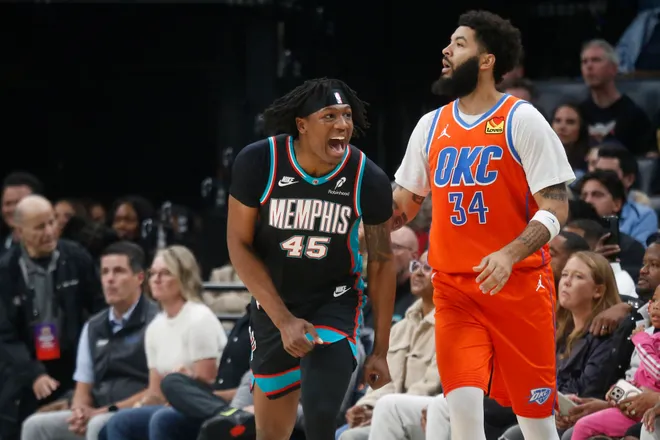 Jan 9, 2026; Memphis, Tennessee, USA; Memphis Grizzlies forward GG Jackson II (45) reacts during the second quarter against the Oklahoma City Thunder at FedExForum. Mandatory Credit: Petre Thomas-Imagn Images