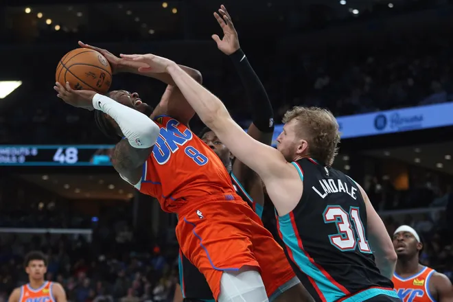 Jan 9, 2026; Memphis, Tennessee, USA; Oklahoma City Thunder guard Jalen Williams (8)shoots as Memphis Grizzlies center Jock Landale (31) defends during the second quarter at FedExForum. Mandatory Credit: Petre Thomas-Imagn Images