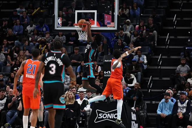 MEMPHIS, TENNESSEE - JANUARY 09: GG Jackson #45 of the Memphis Grizzlies goes to the basket during the first half against the Oklahoma City Thunder at FedExForum on January 09, 2026 in Memphis, Tennessee. NOTE TO USER: User expressly acknowledges and agrees that, by downloading and or using this photograph, user is consenting to the terms and conditions of the Getty Images License Agreement. (Photo by Justin Ford/Getty Images)