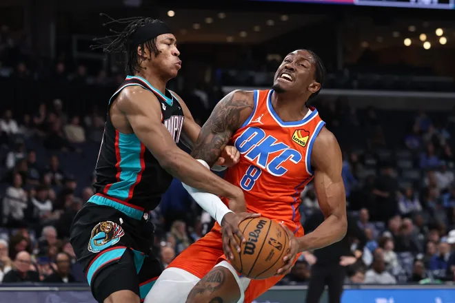 MEMPHIS, TENNESSEE - JANUARY 09: Jalen Williams #8 of the Oklahoma City Thunder goes to the basket against Jaylen Wells #0 of the Memphis Grizzlies during the first half at FedExForum on January 09, 2026 in Memphis, Tennessee. NOTE TO USER: User expressly acknowledges and agrees that, by downloading and or using this photograph, user is consenting to the terms and conditions of the Getty Images License Agreement. (Photo by Justin Ford/Getty Images)