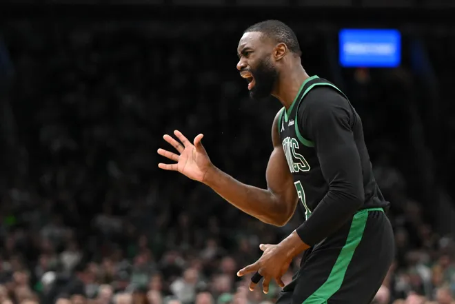 Jan 10, 2026; Boston, Massachusetts, USA; Boston Celtics guard Jaylen Brown (7) reacts after a non-call against the San Antonio Spurs during the second half at the TD Garden. Mandatory Credit: Brian Fluharty-Imagn Images
