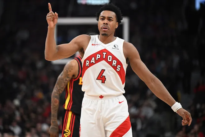 Jan 5, 2026; Toronto, Ontario, CAN; Toronto Raptors forward Scottie Barnes (4) reacts after making a basket against the Atlanta Hawks in the first half at Scotiabank Arena. Mandatory Credit: Dan Hamilton-Imagn Images