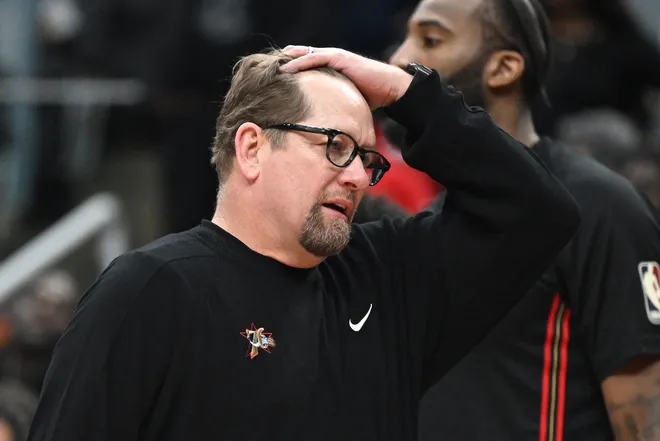 Jan 11, 2026; Toronto, Ontario, CAN; Philadelphia 76ers head coach Nick Nurse reacts after the Toronto Raptors scored a basket in the second half at Scotiabank Arena. Mandatory Credit: Dan Hamilton-Imagn Images