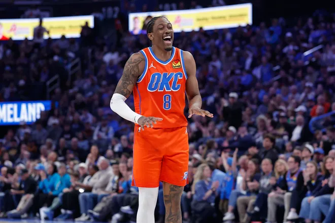 Jan 11, 2026; Oklahoma City, Oklahoma, USA; Oklahoma City Thunder guard/forward Jalen Williams (8) laughs after a play against the Miami Heat during the second half at Paycom Center. Mandatory Credit: Alonzo Adams-Imagn Images